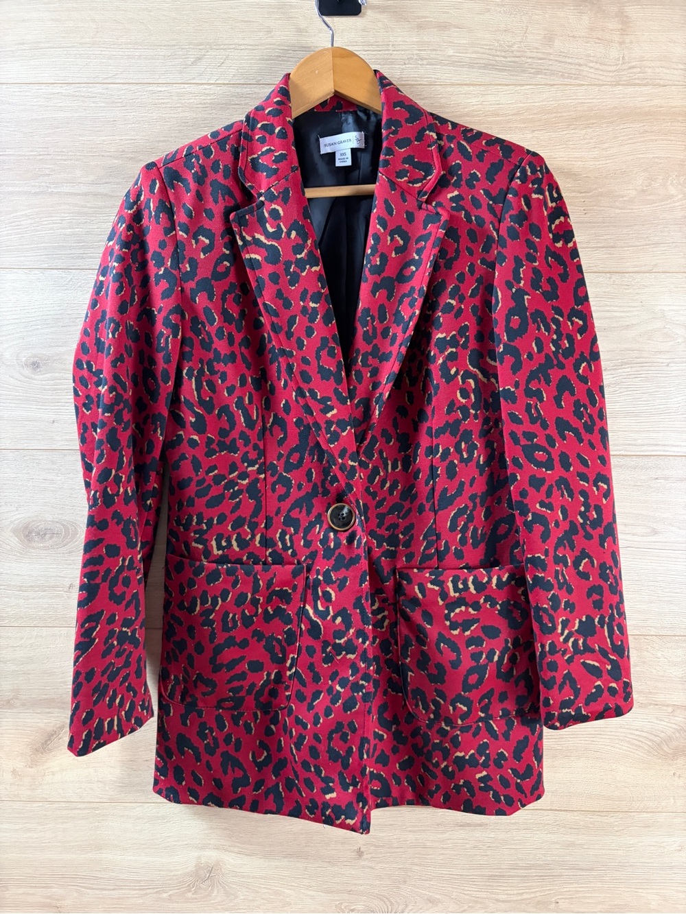 Susan Graver Red Leopard Print Blazer Jacket XXS Single Button Oversized Jacket